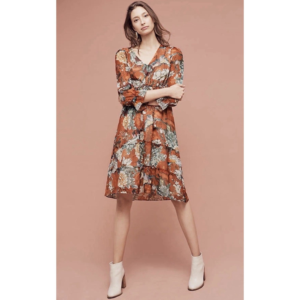Hemant & Nandita Anthropologie Floral Bird Zeri Peasant Dress Size 6 $178